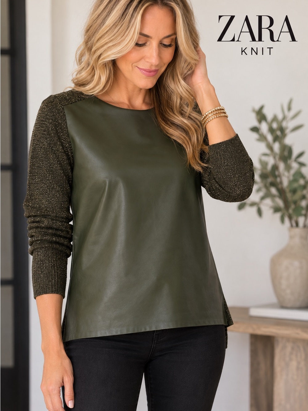 ZARA KNIT Mixed Media Faux Leather Sweater – Size Medium